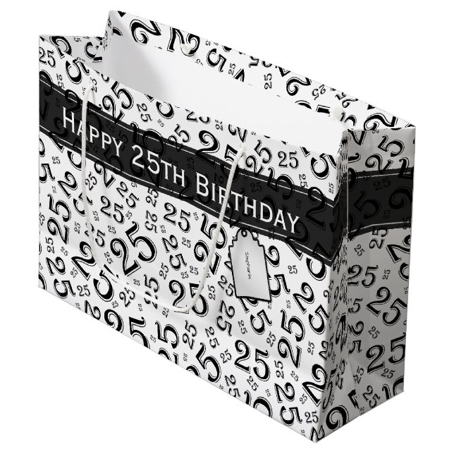Grand Sac Cadeau Joyeux 25e anniversaire noir/blanc Motif numérique (Devant Angle)