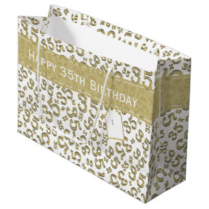 Grand Sac Cadeau Joyeux 35e anniversaire Numéro Motif Or/Blanc