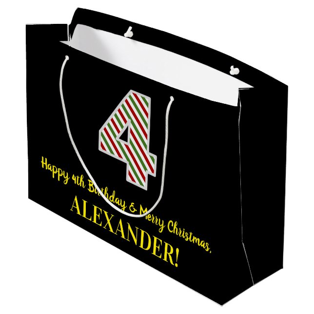 Grand Sac Cadeau Joyeux 4e anniversaire & Joyeux Noël, Nom personna (Dos Angle)