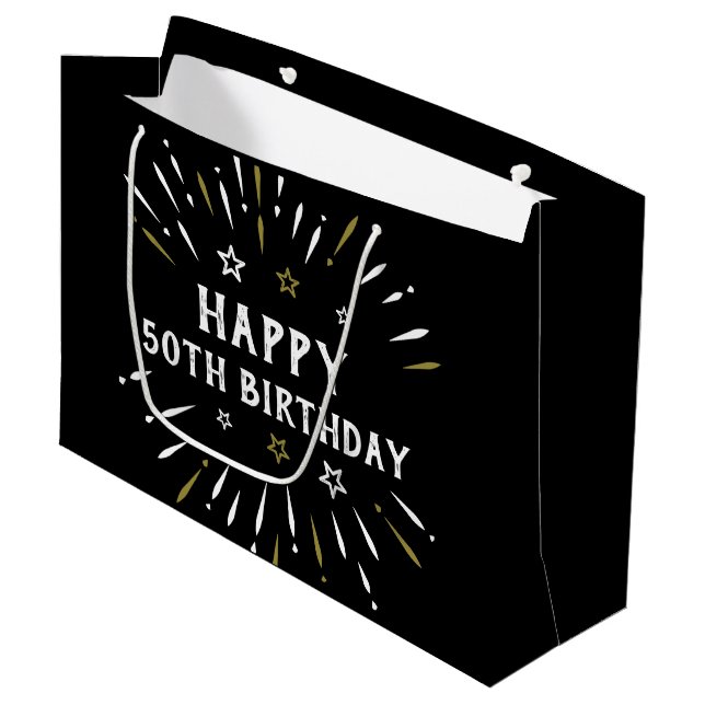 Grand Sac Cadeau Joyeux 50e anniversaire feux d'artifice Black Whit (Devant Angle)