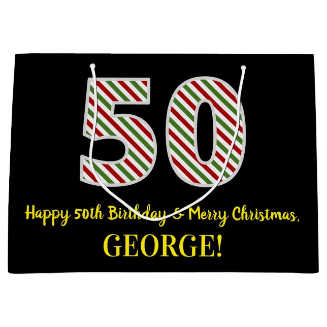 Grand Sac Cadeau Joyeux 50e anniversaire & Joyeux Noël, Nom personn (Devant)