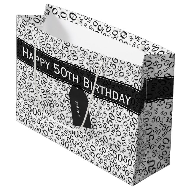 Grand Sac Cadeau Joyeux 50e anniversaire Numéro Motif noir/blanc (Devant Angle)