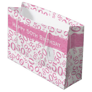 Grand Sac Cadeau Joyeux 50e anniversaire Numéro Motif rose/blanc