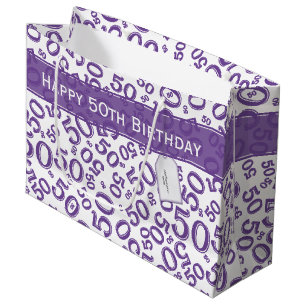 Grand Sac Cadeau Joyeux 50e anniversaire Numéro Motif violet/blanc