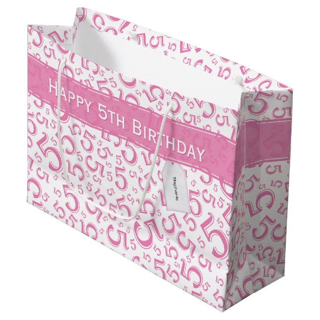 Grand Sac Cadeau Joyeux 5e anniversaire Numéro Motif 5 rose/blanc (Devant Angle)