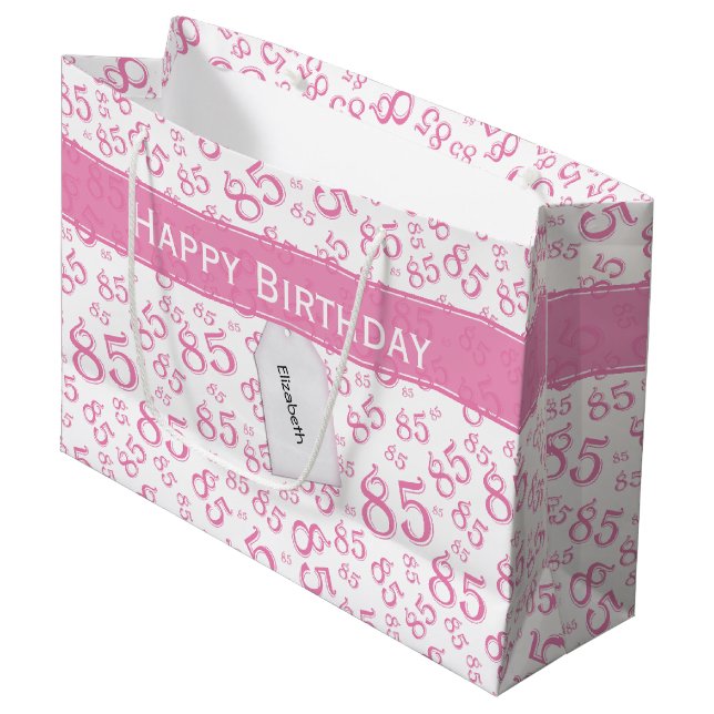 Grand Sac Cadeau Joyeux 85e anniversaire Numéro Motif rose/blanc (Devant Angle)