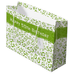 Grand Sac Cadeau Joyeux anniversaire Age 55 Numéro Motif Vert/Blanc