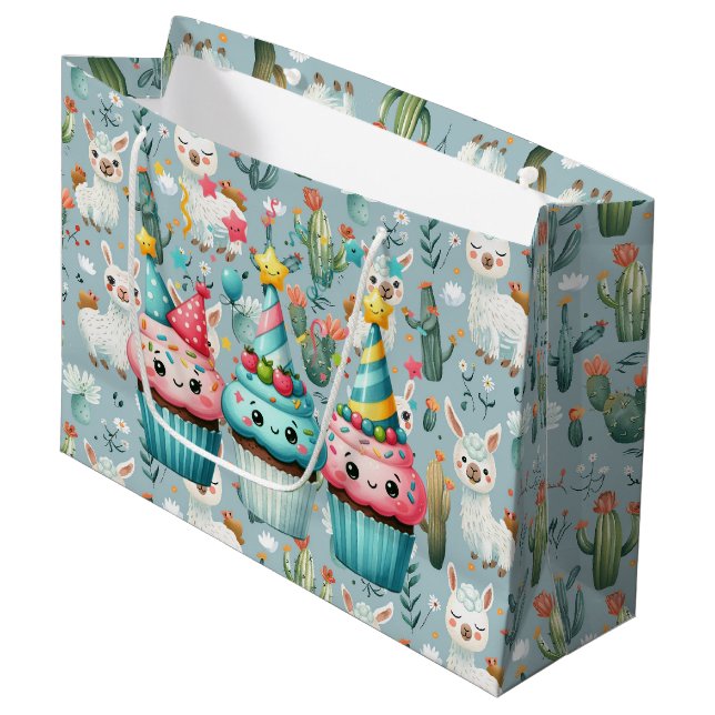 Grand Sac Cadeau Joyeux Anniversaire Alpaca et Cupcakes (Devant Angle)