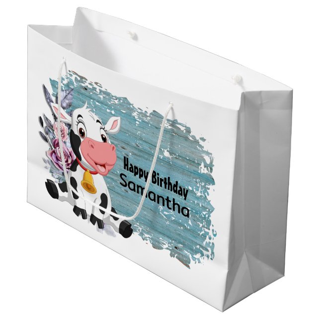 Grand Sac Cadeau Joyeux anniversaire bébé vache rustique bleu (Devant Angle)