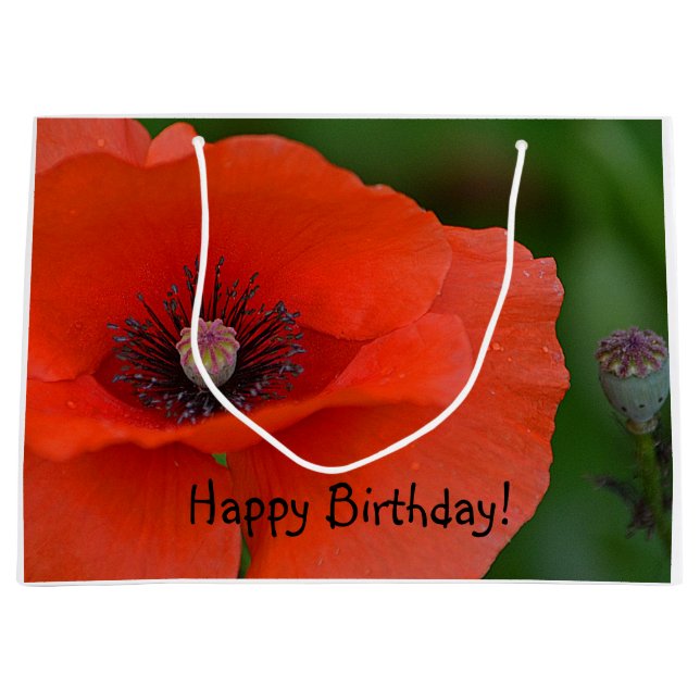 Grand Sac Cadeau Joyeux Anniversaire du pavot rouge (Devant)