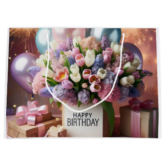Grand Sac Cadeau Joyeux anniversaire, fleurs et cadeaux, par Natash