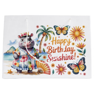 Grand Sac Cadeau Joyeux anniversaire hippopotame à la plage