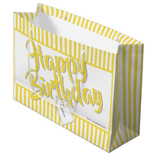 Grand Sac Cadeau Joyeux Anniversaire Jaune/Blanc Stripes Motif