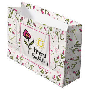 Grand Sac Cadeau Joyeux anniversaire - Joli Fleurs sauvages et sole