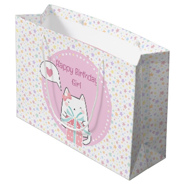 Grand Sac Cadeau Joyeux anniversaire Kawaii Chat avec boîte cadeau (Dos Angle)