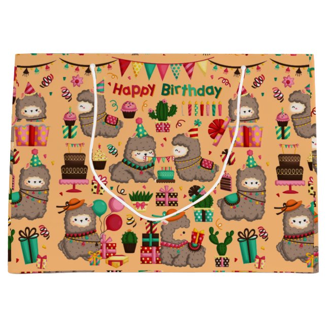 Grand Sac Cadeau Joyeux anniversaire Llama Motif (Devant)
