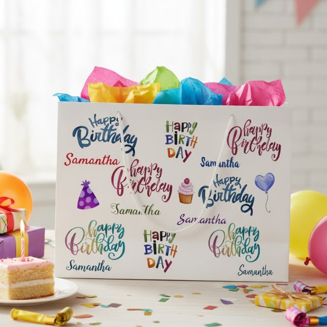 Grand Sac Cadeau Joyeux Anniversaire Personnalisé Nom du parti (Créateur téléchargé)