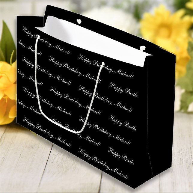 Grand Sac Cadeau Joyeux Anniversaire Personnalisé Texte Noir Chic (Créateur téléchargé)