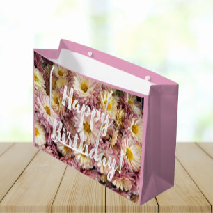 Grand Sac Cadeau Joyeux Anniversaire rose Chrysanthèmes Floral Phot