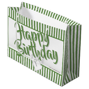 Grand Sac Cadeau Joyeux Anniversaire Vert/Blanc Simple Stripes Moti