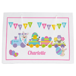 Grand Sac Cadeau Joyeux Bunny de Pâques rose