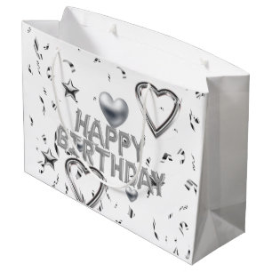 Grand Sac Cadeau Joyeux Cadeau d'anniversaire Coeurs d'argent