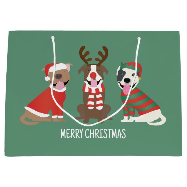 Grand Sac Cadeau Joyeux Chiens taureaux de marque de Noël (Devant)