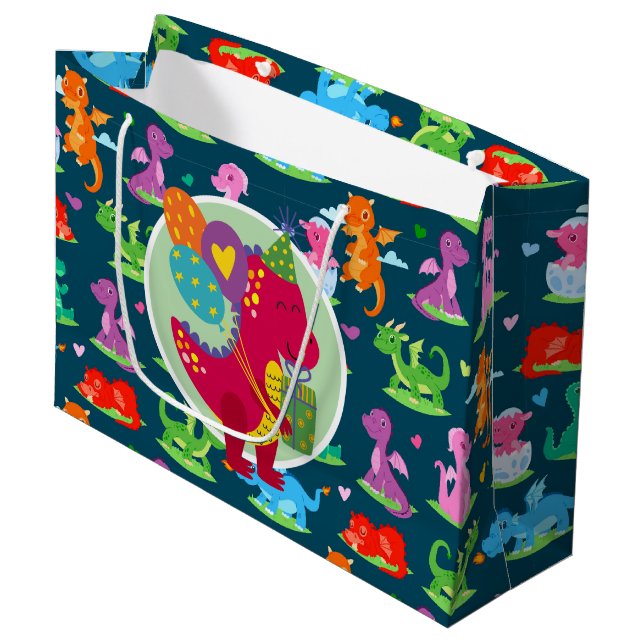 Grand Sac Cadeau Joyeux Dinosaur d'anniversaire (Devant Angle)