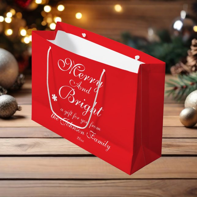 Grand Sac Cadeau Joyeux Et Lumineux Nom De Script Chic Rouge Noël (Merry And Bright, cheerful chic large red Christmas gift bag.)