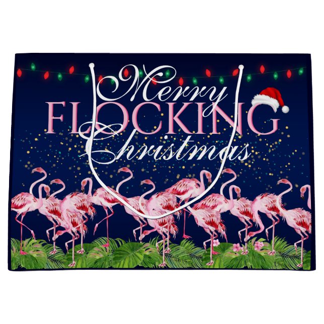 Grand Sac Cadeau Joyeux Flamant rose rose de Noël (Devant)