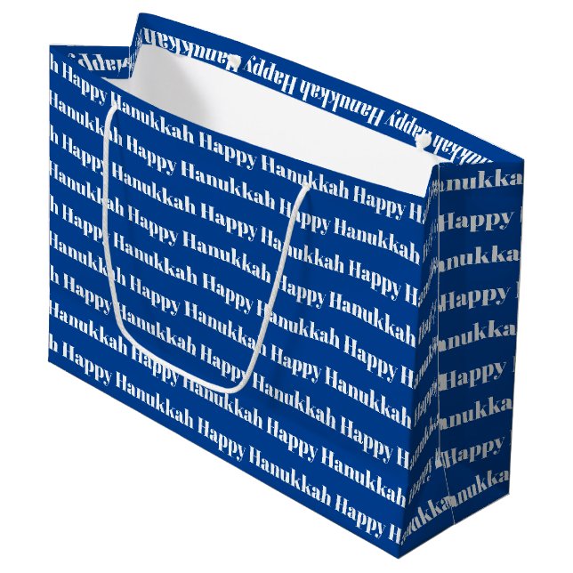 Grand Sac Cadeau Joyeux Hanoukka bleu moderne motif de typographie (Devant Angle)