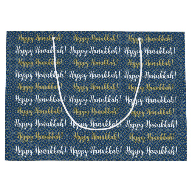 Grand Sac Cadeau Joyeux Hanoukka bleu, or et blanc (Devant)