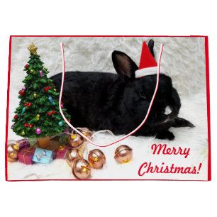 Grand Sac Cadeau Joyeux lapin lapin de Noël dans un chapeau de Père