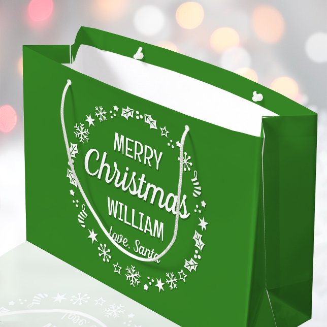 Grand Sac Cadeau Joyeux Noël Amour Père Noël Nom personnalisé Vert (Créateur téléchargé)