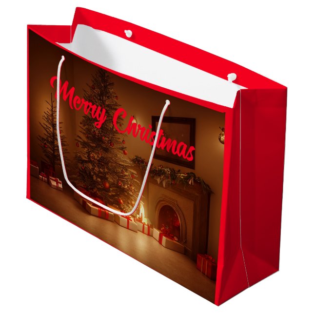 Grand Sac Cadeau Joyeux Noël. Arbre de Noël avec présentoirs (Devant Angle)