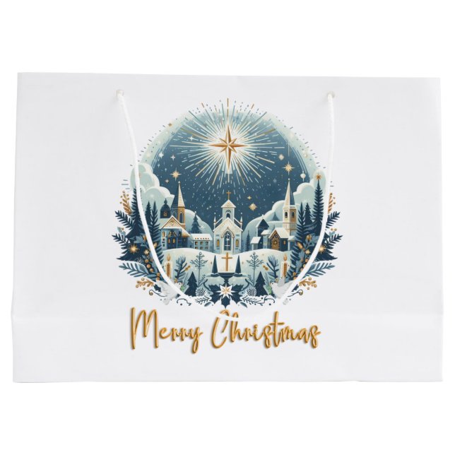 Grand Sac Cadeau Joyeux Noël bleu et or (Dos)
