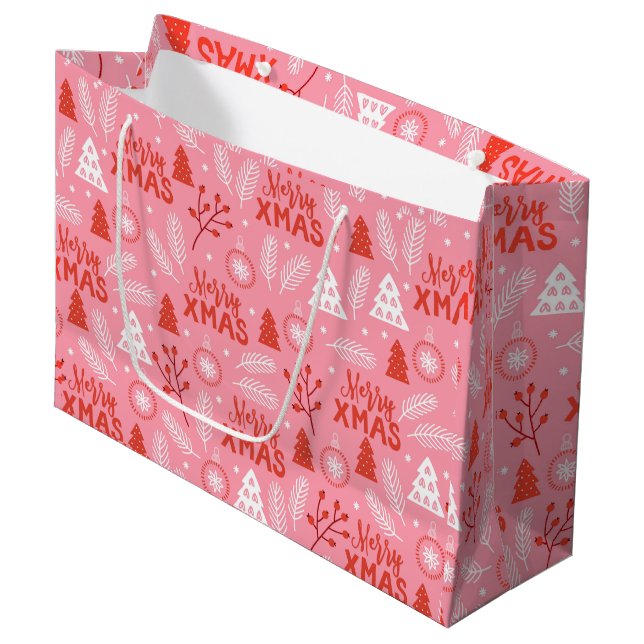 Grand Sac Cadeau Joyeux Noël Botanique Rose-Rétro (Devant Angle)