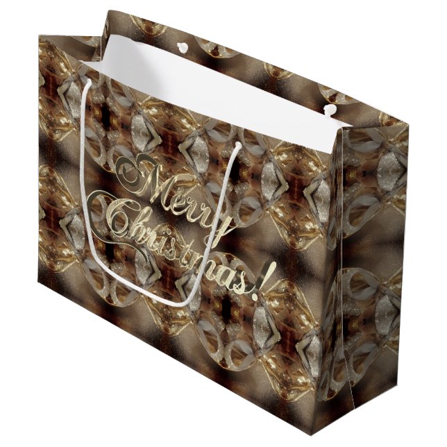 Grand Sac Cadeau Joyeux Noël Brown Motif Faux Gold Script (Devant Angle)