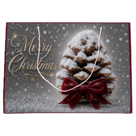 Grand Sac Cadeau Joyeux Noël Cône de Pin Recouvert de Neige