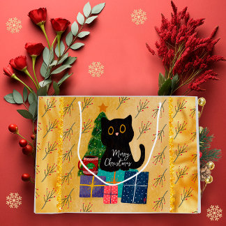 Grand Sac Cadeau Joyeux Noël Cute Black Cat Café Orange Gold