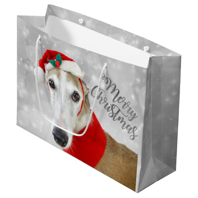 Grand Sac Cadeau Joyeux Noël de lévrier (Devant Angle)