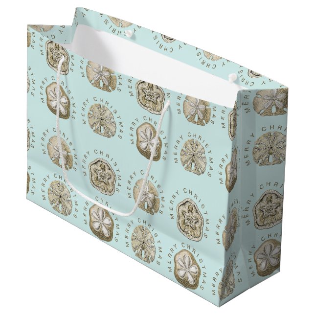 Grand Sac Cadeau Joyeux Noël Dollar de sable Turquoise Motif (Devant Angle)