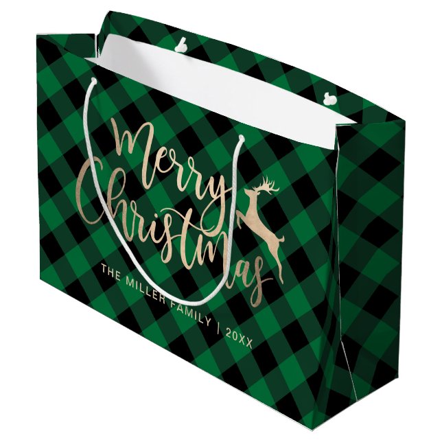 Grand Sac Cadeau Joyeux Noël d'or Noir & Vert Plaid (Dos Angle)