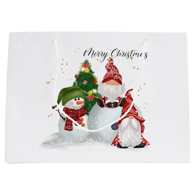 Grand Sac Cadeau Joyeux Noël Gnomes Snowmen (Devant)