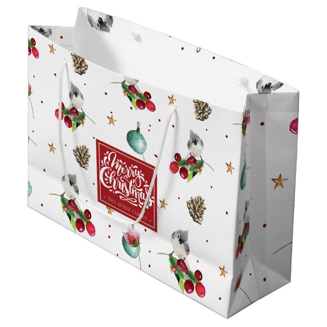 Grand Sac Cadeau Joyeux Noël Motif d'oiseaux d'hiver Personnalisé (Devant Angle)
