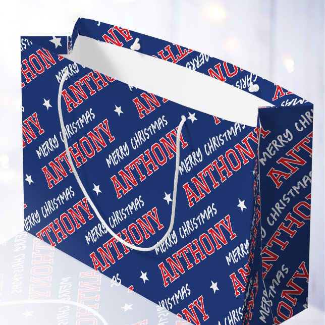 Grand Sac Cadeau Joyeux Noël Nom personnalisé Marine Rouge (Créateur téléchargé)
