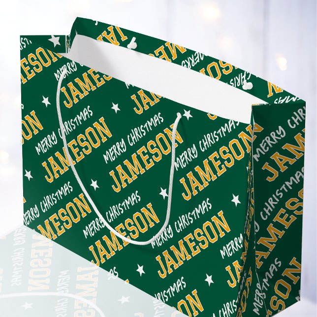 Grand Sac Cadeau Joyeux Noël Nom personnalisé Vert Or (Créateur téléchargé)