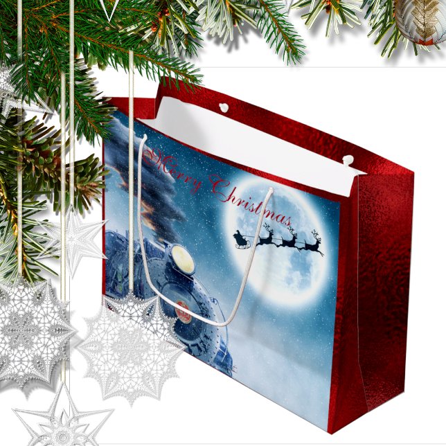 Grand Sac Cadeau Joyeux Noël Père Noël Train Red Faux Foil (Créateur téléchargé)