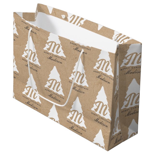 Grand Sac Cadeau Joyeux Noël personnalisé Kraft Monogramme (Devant Angle)