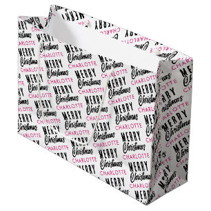 Grand Sac Cadeau Joyeux Noël personnalisé Nom rose tendance